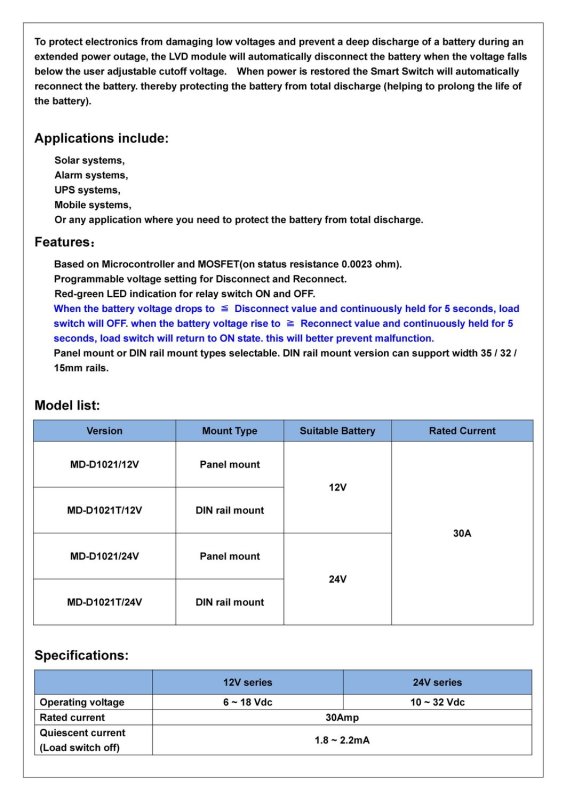 CZH-LABS DIN Rail Mount LVD Low Voltage Disconnect Module, 12V 30A, Protect Battery.