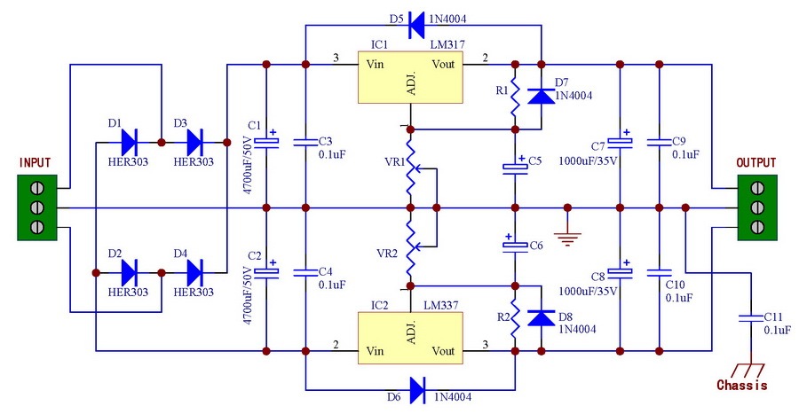AUDIOWIND Power Supply Board Kit, PCB, Based on LM317 & LM337 IC.