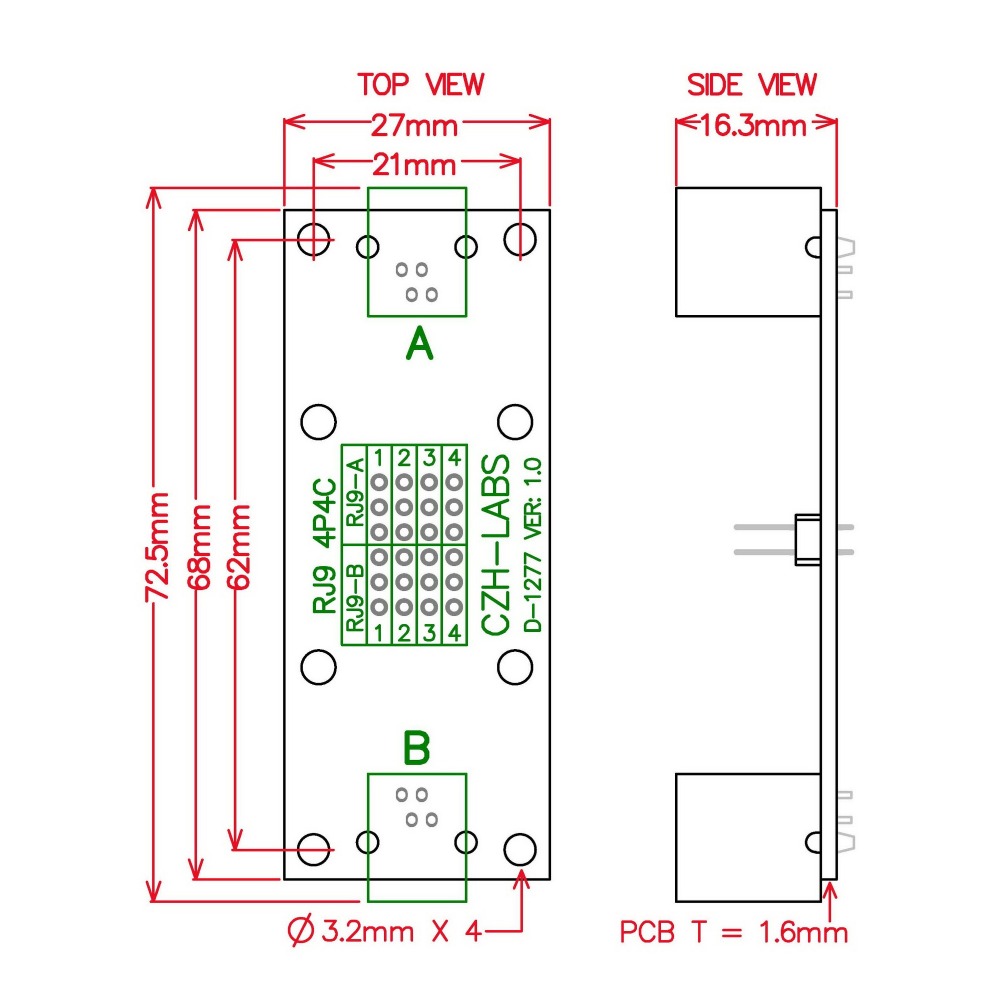 CZH-LABS RJ9 4P4C Diagnostic Test Breakout Module Board.