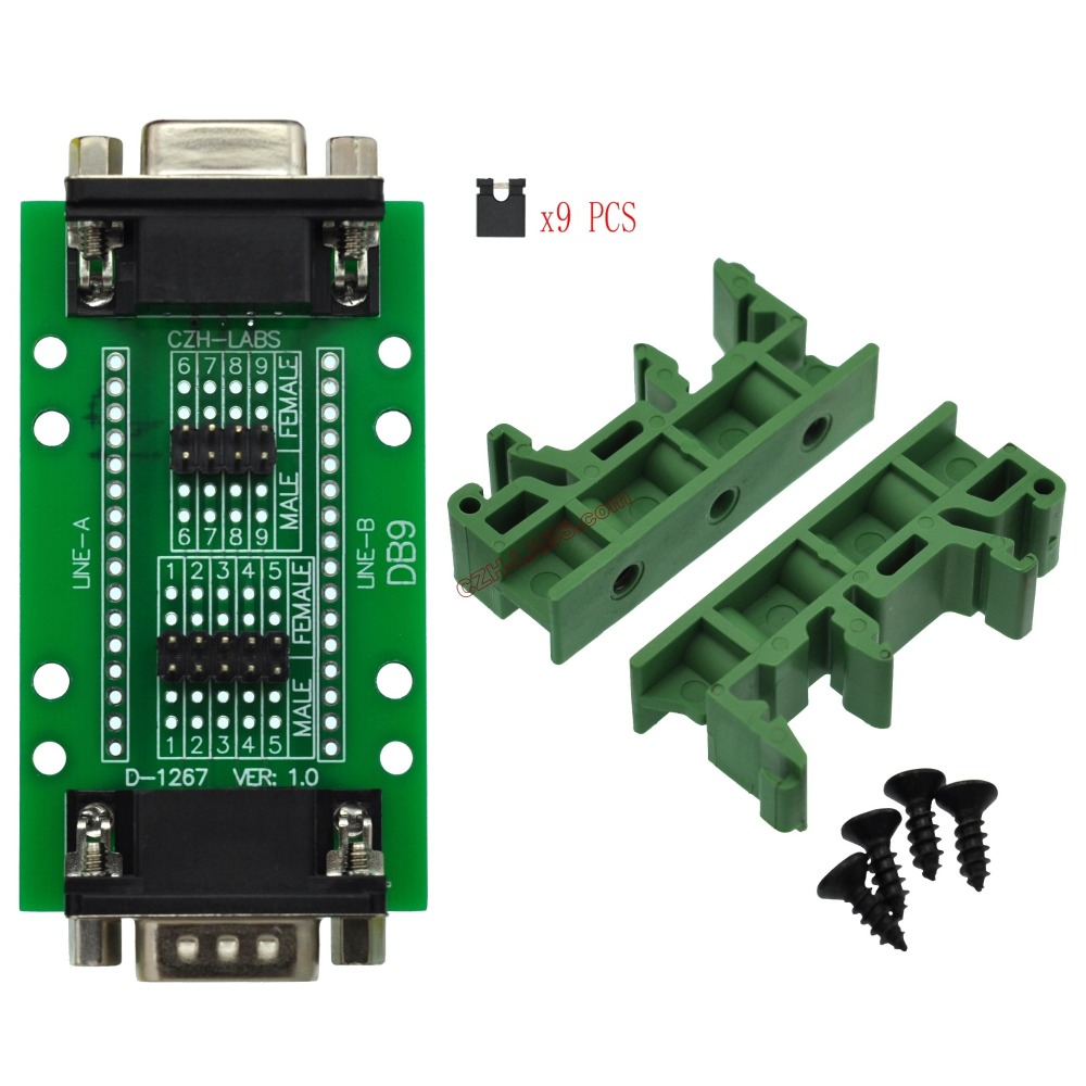 CZH-LABS DIN Rail Mount D'sub DB9 Diagnostic Test Breakout Board, DSUB DB9 Connector Male to Female.