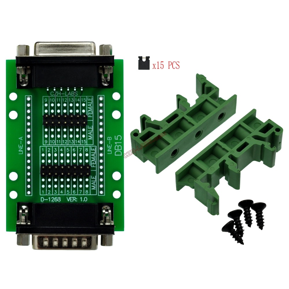 CZH-LABS DIN Rail Mount D'sub DB15 Diagnostic Test Breakout Board, DSUB DB15 Connector Male to Female.