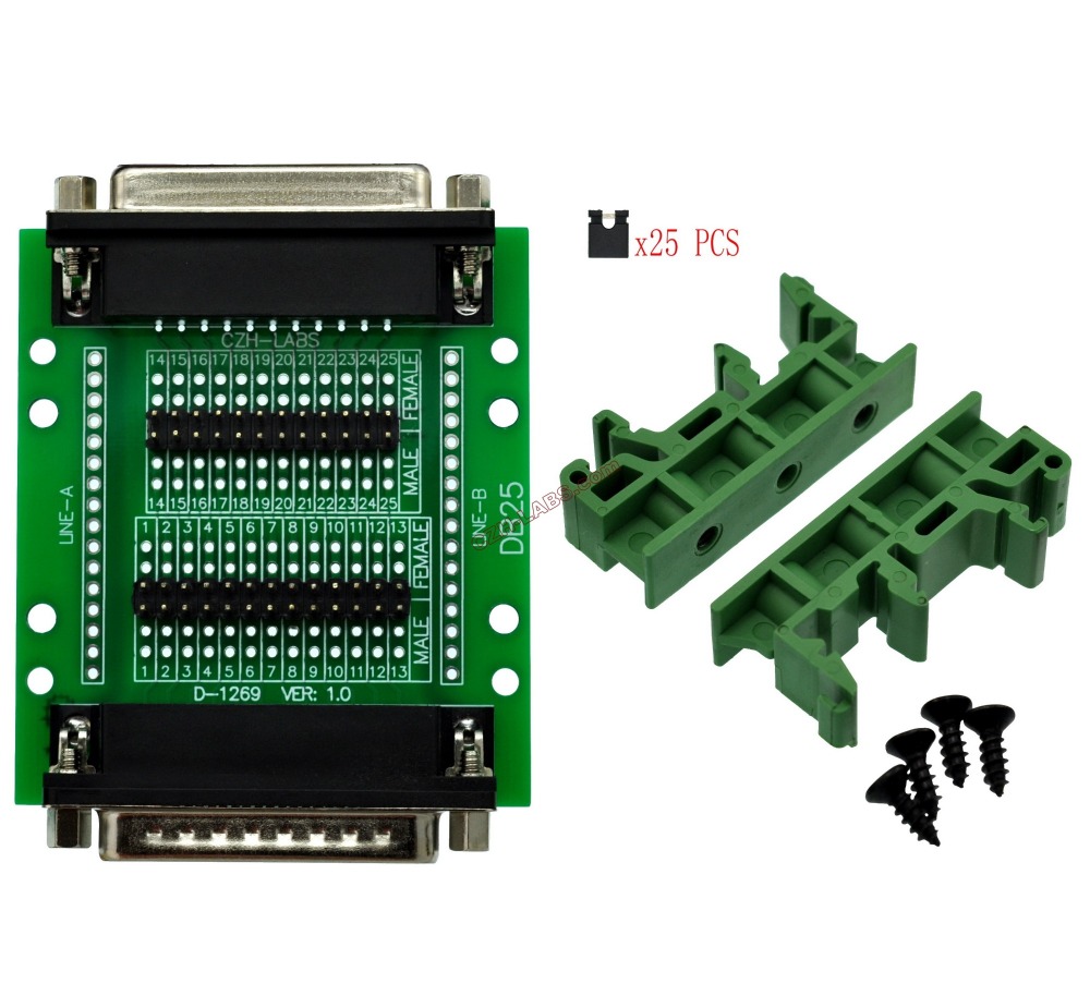 CZH-LABS DIN Rail Mount D'sub DB25 Diagnostic Test Breakout Board, DSUB DB25 Connector Male to Female.