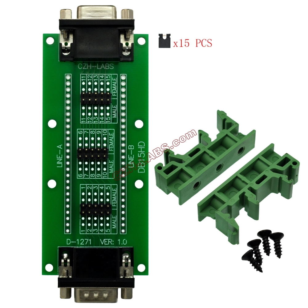 CZH-LABS DIN Rail Mount D'sub DB15HD Diagnostic Test Breakout Board, DSUB DB15HD Connector Male to Female.