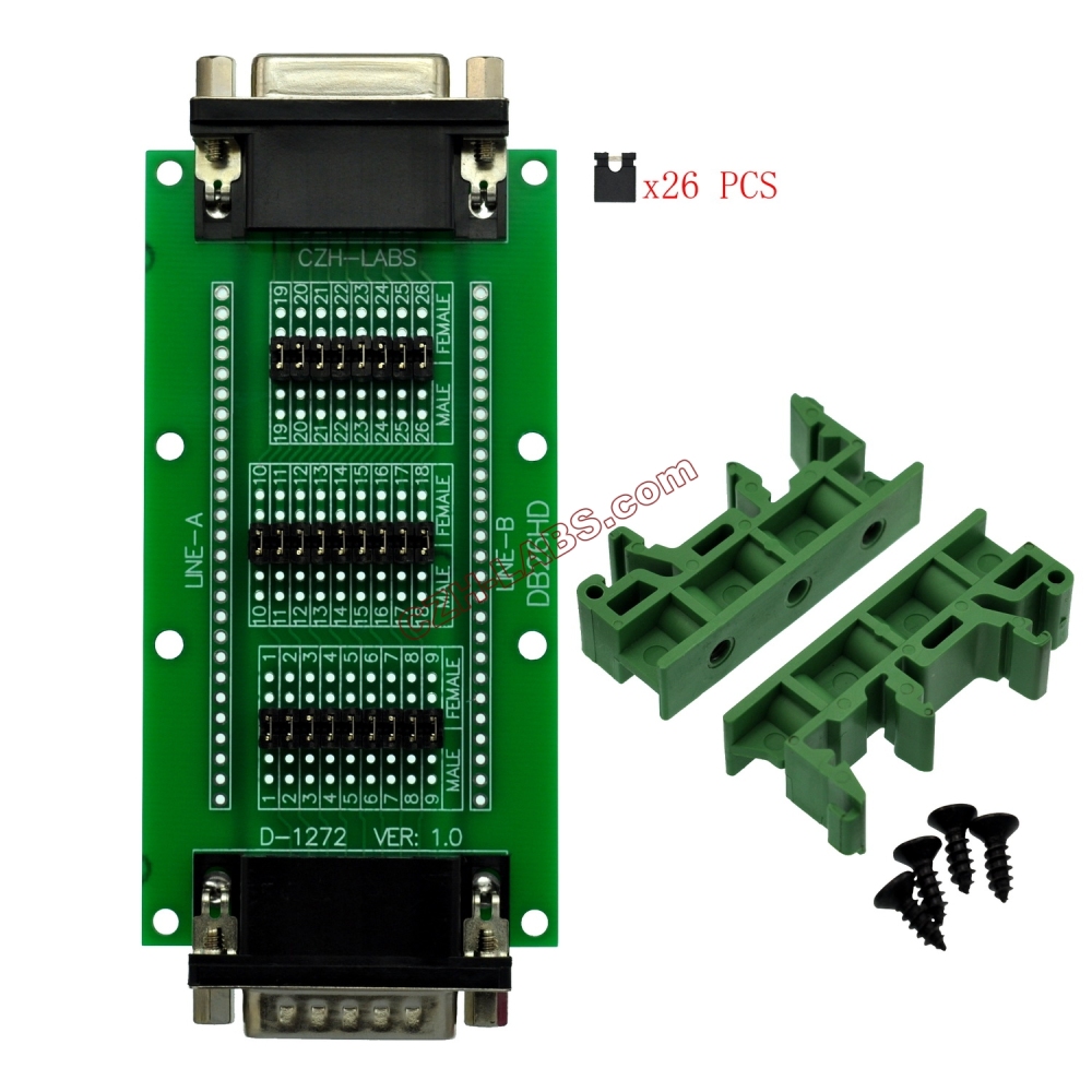 CZH-LABS DIN Rail Mount D'sub DB26HD Diagnostic Test Breakout Board, DSUB DB26HD Connector Male to Female.