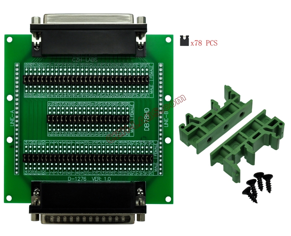 CZH-LABS DIN Rail Mount D'sub DB78HD Diagnostic Test Breakout Board, DSUB DB78HD Connector Male to Female.