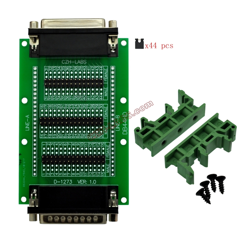 CZH-LABS DIN Rail Mount D'sub DB44HD Diagnostic Test Breakout Board, DSUB DB44HD Connector Male to Female.