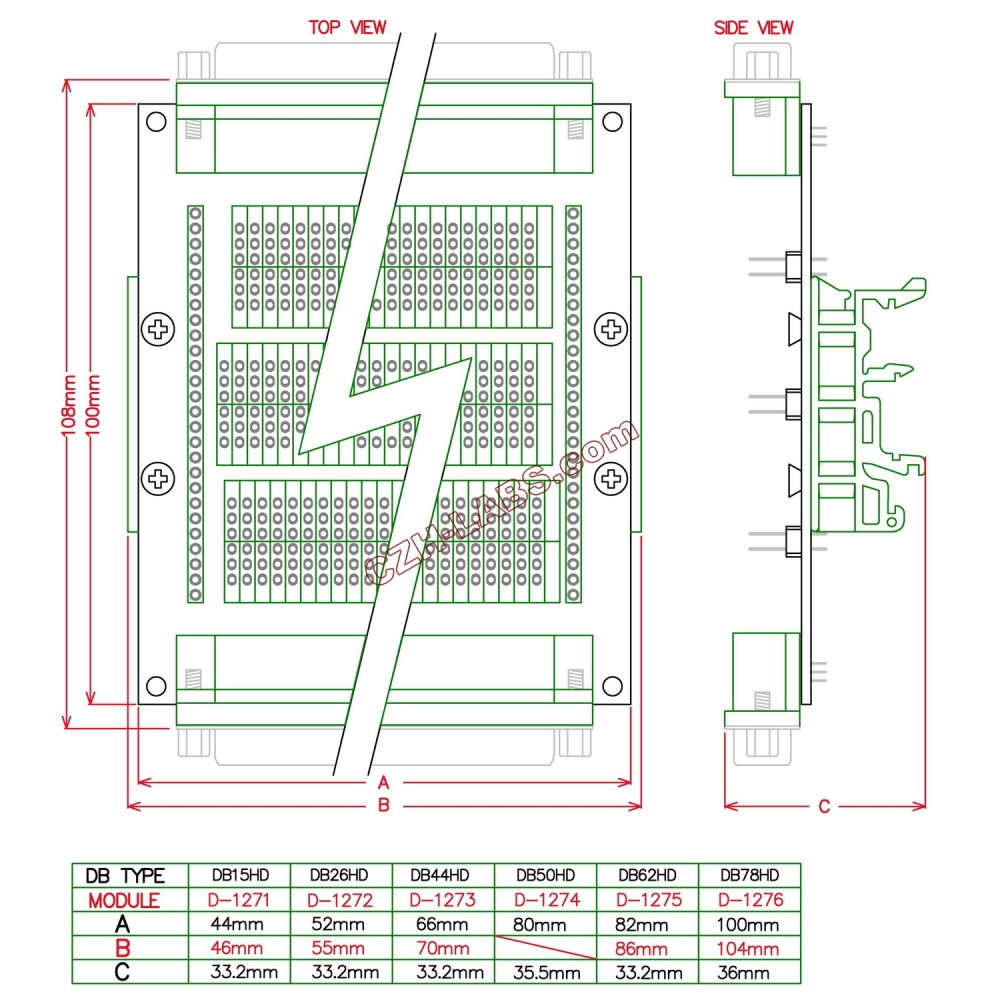 CZH-LABS DIN Rail Mount D'sub DB50 Diagnostic Test Breakout Board, DSUB DB50 Connector Male to Female.