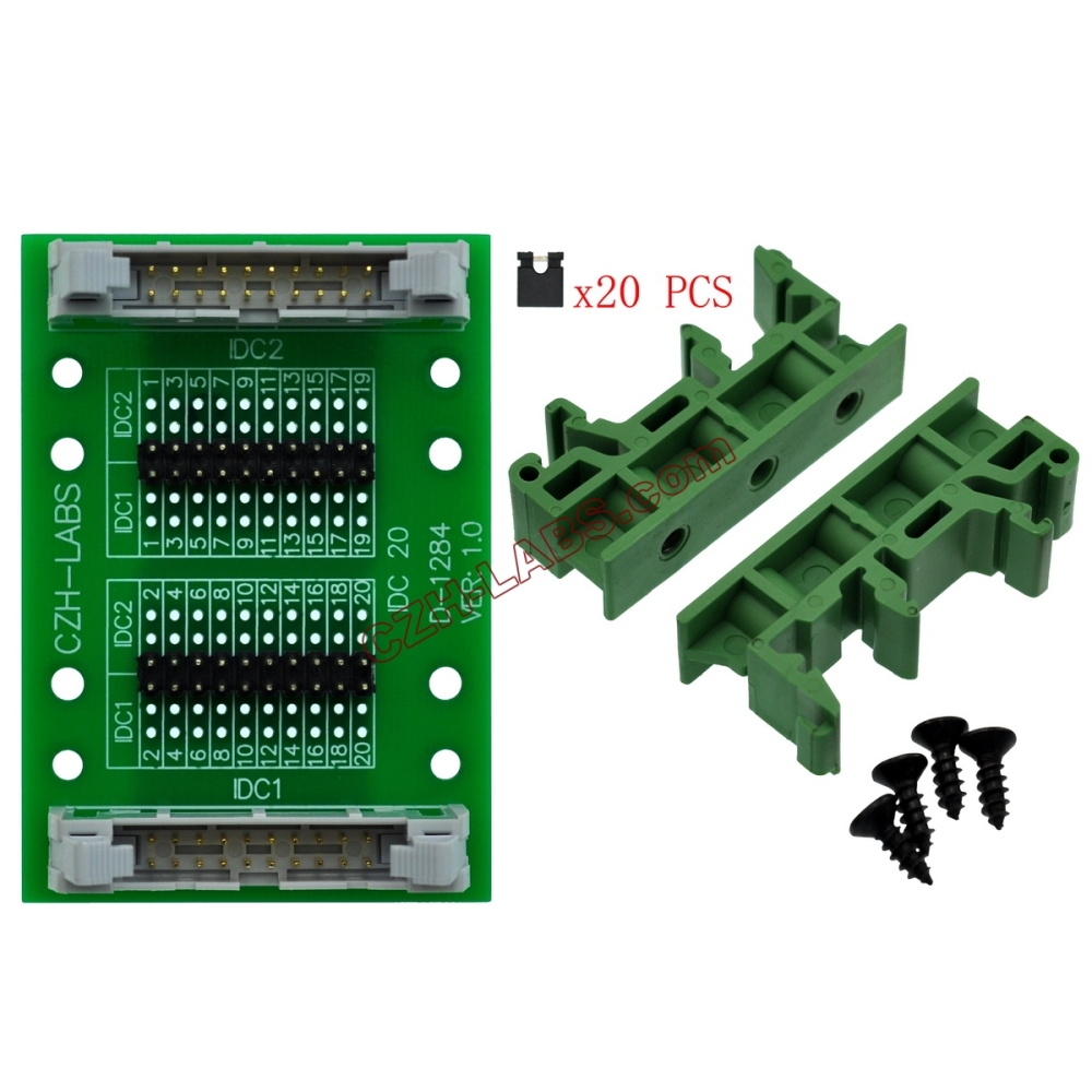 CZH-LABS DIN Rail Mount IDC20 2x10Pin 0.1" Pitch(2.54mm) Header Diagnostic Test Breakout Board.