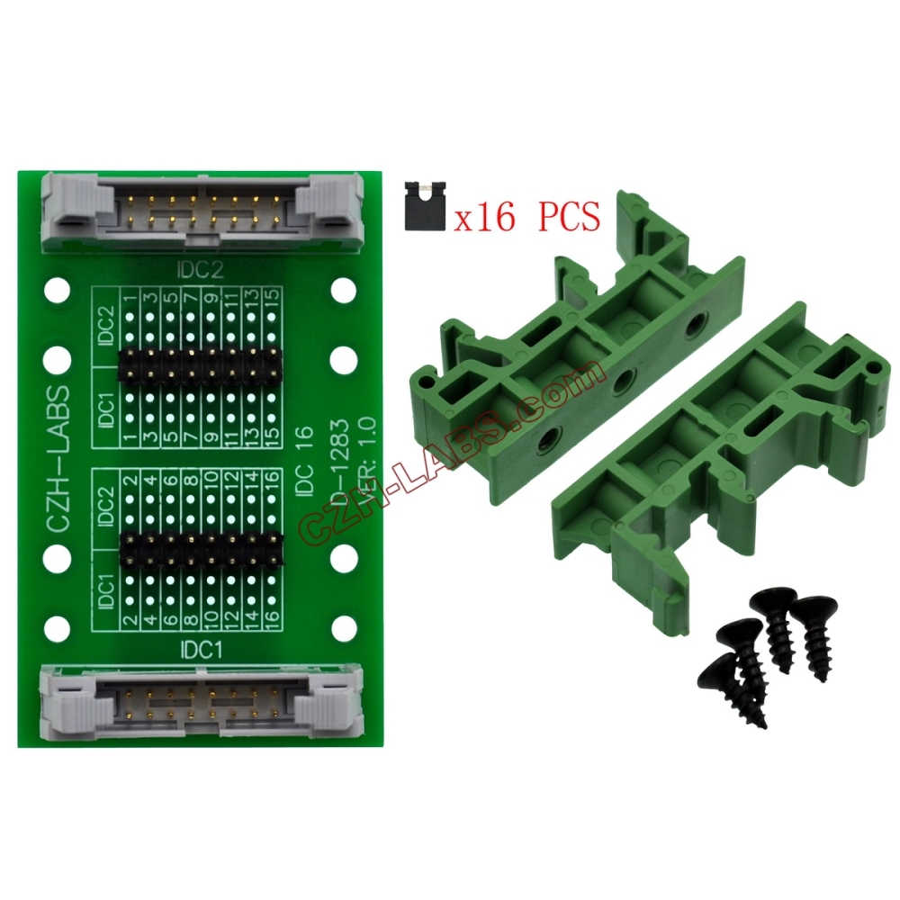 CZH-LABS DIN Rail Mount IDC16 2x8Pin 0.1" Pitch(2.54mm) Header Diagnostic Test Breakout Board.