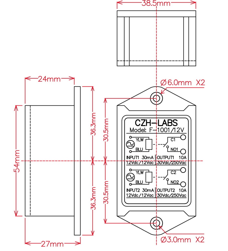 CZH-LABS Dual SPST-NO 10Amp Power Relay Module, AC/DC 12V Control Voltage.