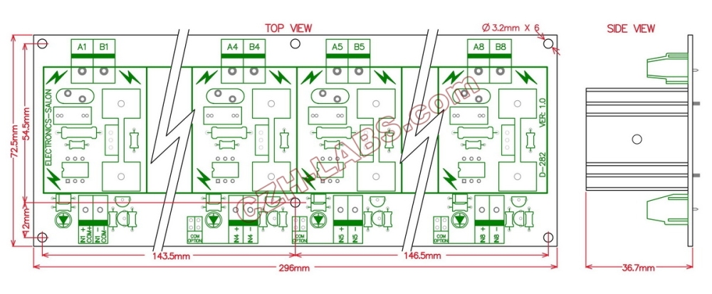ELECTRONICS-SALON Eight Channel 6A SSR Module Board, in 4~32VDC, out 100~240VAC, Solid State Relay.