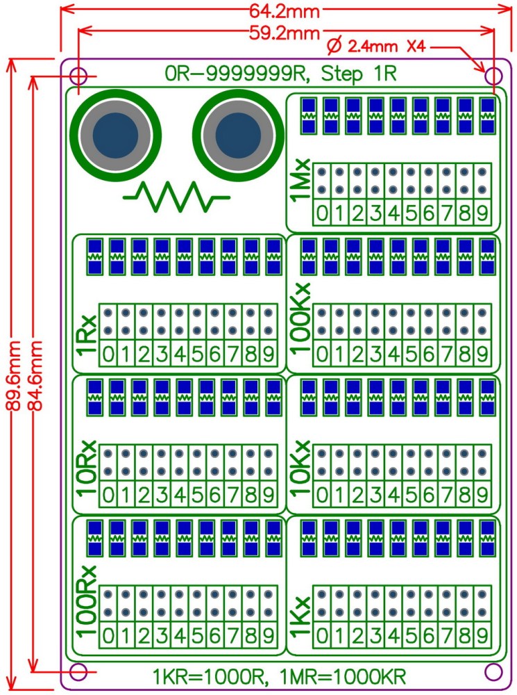 ELECTRONICS-SALON 1R - 9999999R Seven Decade Programmable Resistor Board, Step 1R, 1%, 1/4W.