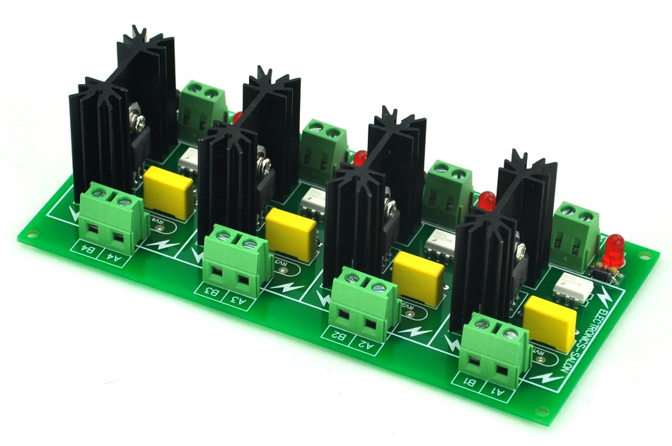ELECTRONICS-SALON Four Channel 6A SSR Module Board, in 4~32VDC, out 100~240VAC, Solid State Relay.
