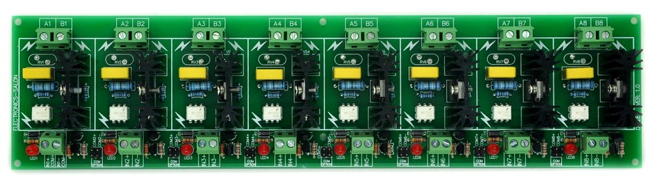 ELECTRONICS-SALON Eight Channel 6A SSR Module Board, in 4~32VDC, out 100~240VAC, Solid State Relay.