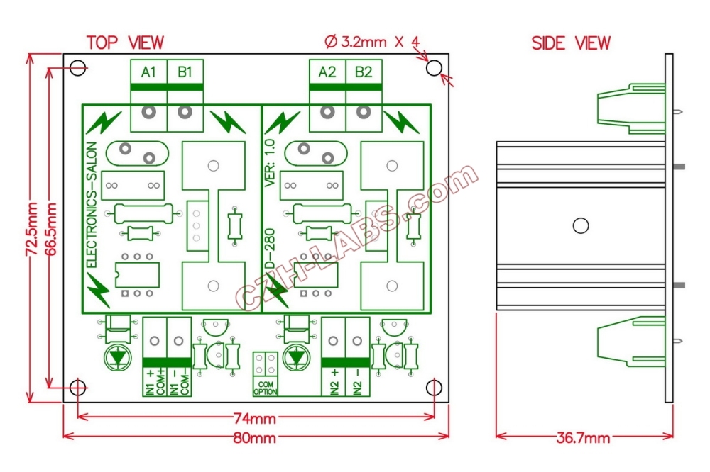 ELECTRONICS-SALON Two Channel 6A SSR Module Board, in 4~32VDC, out 100~240VAC, Solid State Relay.