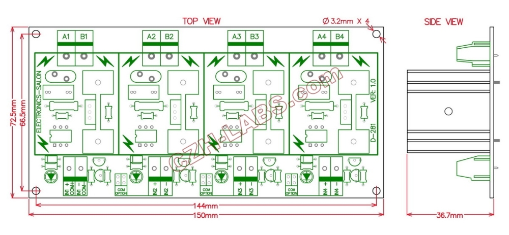 ELECTRONICS-SALON Four Channel 6A SSR Module Board, in 4~32VDC, out 100~240VAC, Solid State Relay.