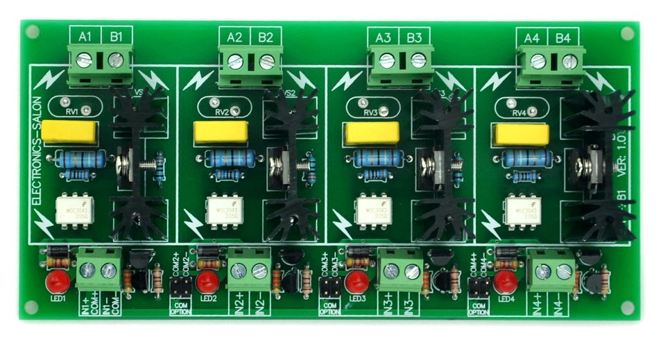 ELECTRONICS-SALON Four Channel 6A SSR Module Board, in 4~32VDC, out 100~240VAC, Solid State Relay.