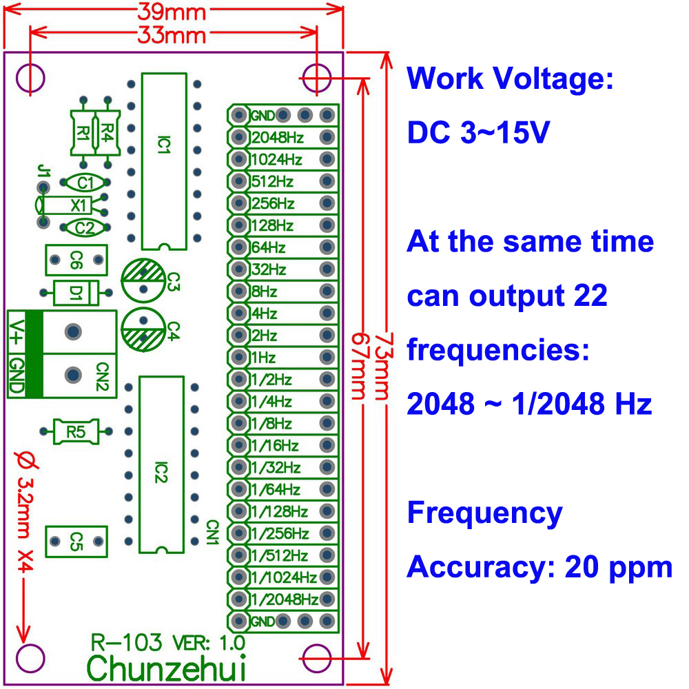 ELECTRONICS-SALON 2048Hz ~ 0.00049Hz(1/2048Hz) Extremely / Super Low Frequency Square Wave Oscillator Module, Square Wave Signal Generator. Total 22 o