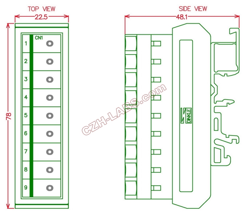 Slim DIN Rail Mount 30A/300V 1x9 Position Screw Terminal Block Distribution Module.