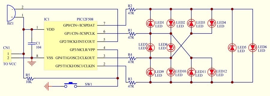 ELECTRONICS-SALON 12 Position LED Electronic Lucky Rotary Board Kit, Based on PIC12F508 MCU.