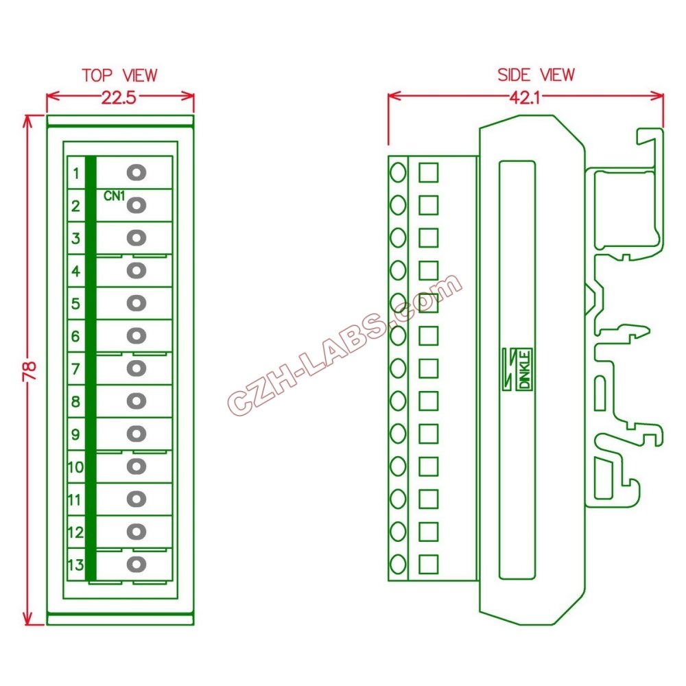 Slim DIN Rail Mount 16A/300V 1x13 Position Screw Terminal Block Distribution Module.