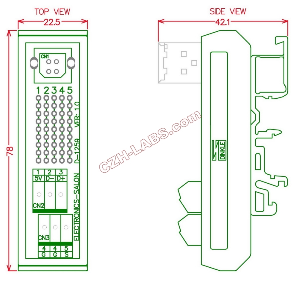 Slim DIN Rail Mount USB Type B Female Vertical Jack Breakout Board Interface Module.