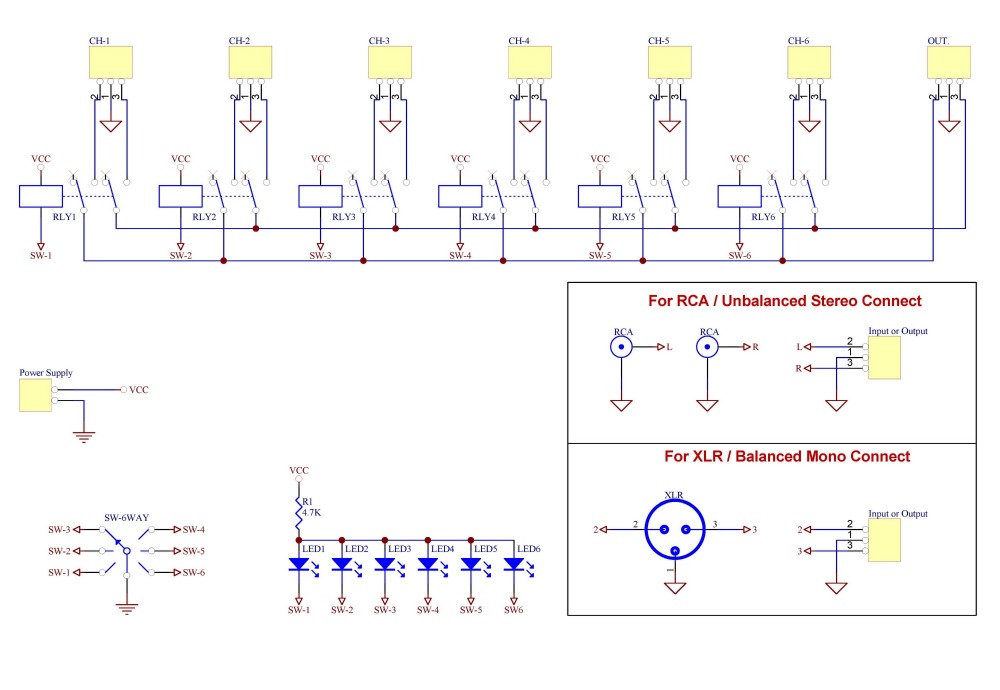 ELECTRONICS-SALON 6 Channel Unbalanced Stereo or Balanced Mono Audio Input Selector Relay Module.
