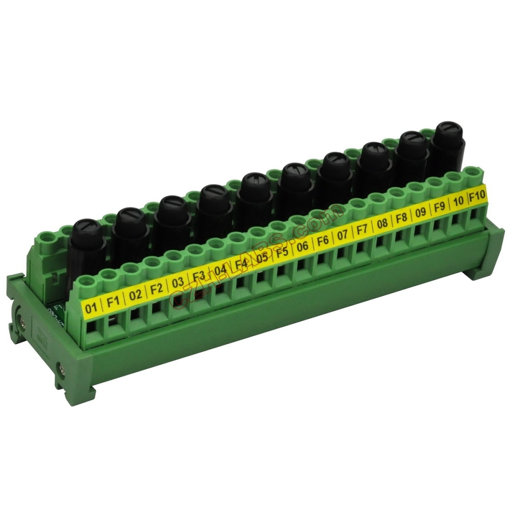CZH-LABS DIN Rail Mount 20 Position Screw Terminal Block Distribution Module with 10 Channel Fuses