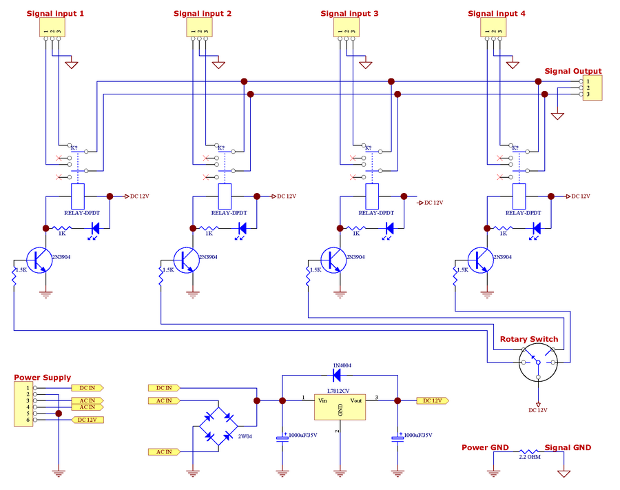 AUDIOWIND Audio Input Selector Relay Board, With 12V regulator.