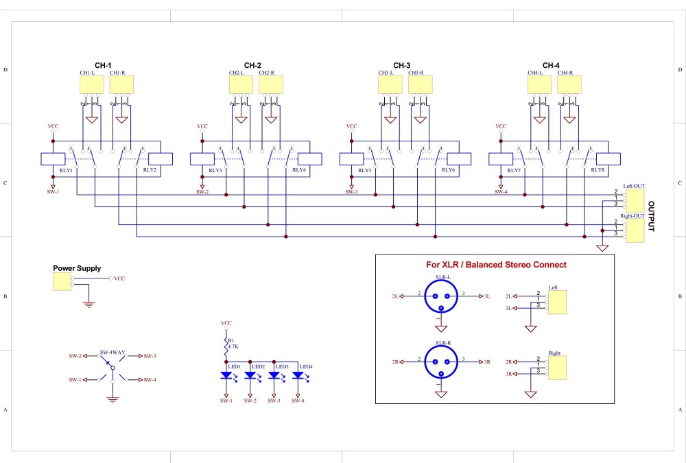 ELECTRONICS-SALON Balanced Four Stereo Audio Signal Input Selector Relay Module.