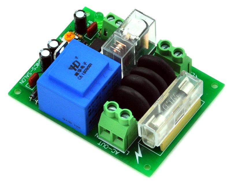 ELECTRONICS-SALON 220Vac Mains Power ON Delay Soft-start Protection Module, with 12 Vdc Regulator.