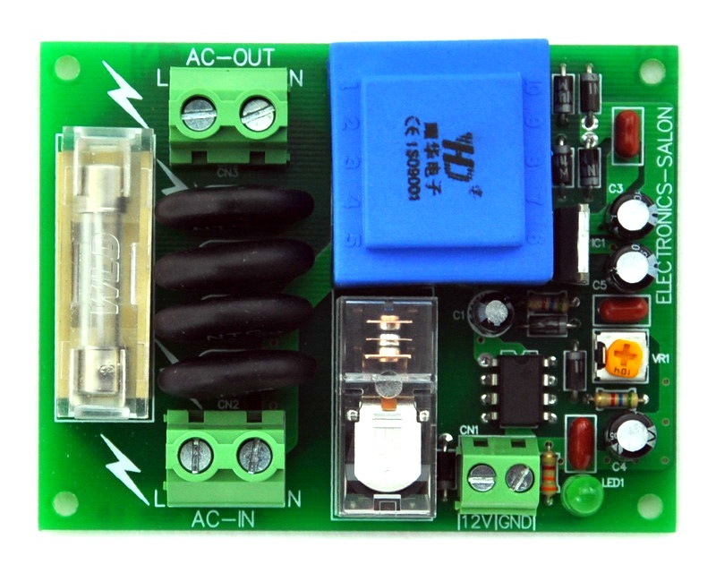 ELECTRONICS-SALON 220Vac Mains Power ON Delay Soft-start Protection Module, with 12 Vdc Regulator.