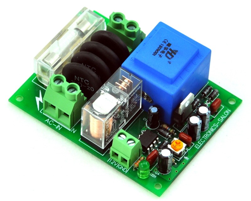 ELECTRONICS-SALON 115Vac Mains Power ON Delay Soft-start Protection Module, with 12 Vdc Regulator.