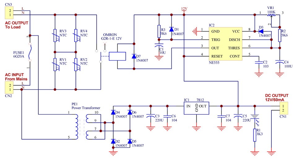 ELECTRONICS-SALON 115Vac Mains Power ON Delay Soft-start Protection Module, with 12 Vdc Regulator.