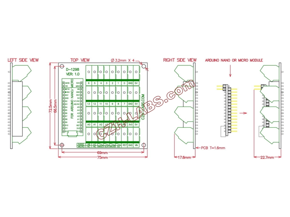 Screw Terminal Block Breakout Module Board for Arduino NANO/MICRO.