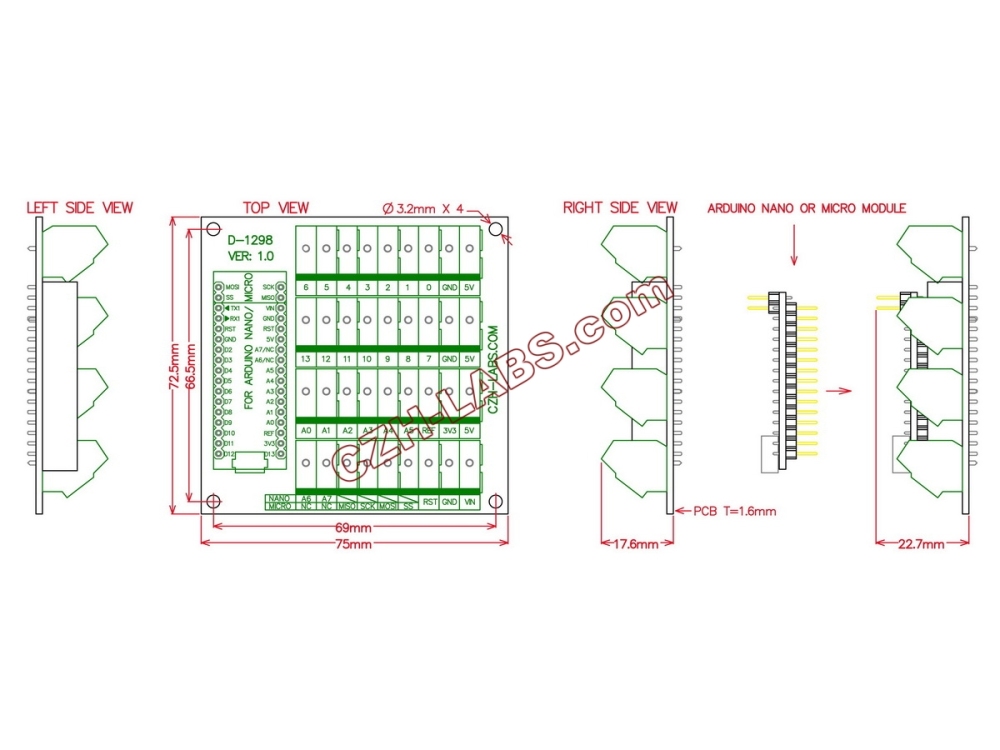 Screw Terminal Block Breakout Module Board for Arduino NANO/MICRO.