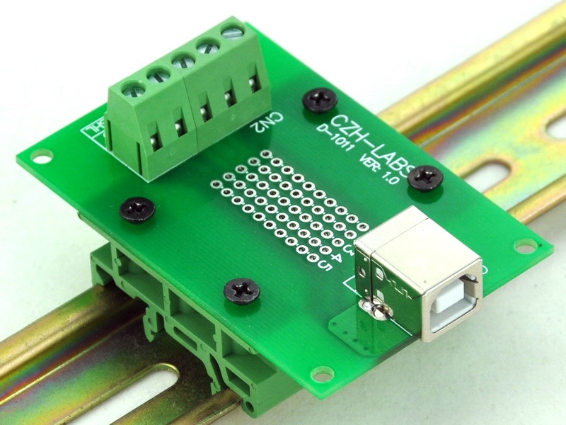 CZH-LABS USB Type B Female Right Angle Jack Breakout Board, w/Simple DIN Rail Mount Feet.