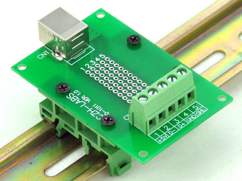 CZH-LABS USB Type B Female Right Angle Jack Breakout Board, w/Simple DIN Rail Mount Feet.