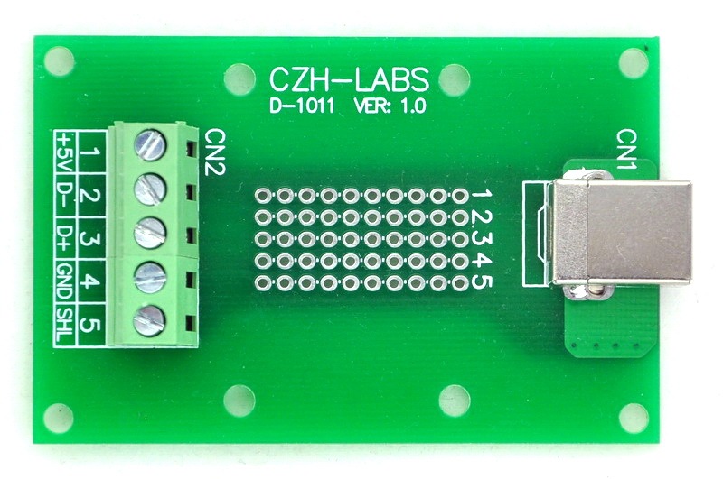 CZH-LABS USB Type B Female Right Angle Jack Breakout Board, w/Simple DIN Rail Mount Feet.