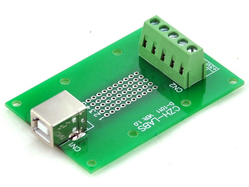 CZH-LABS USB Type B Female Right Angle Jack Breakout Board, Terminal Block Connector.