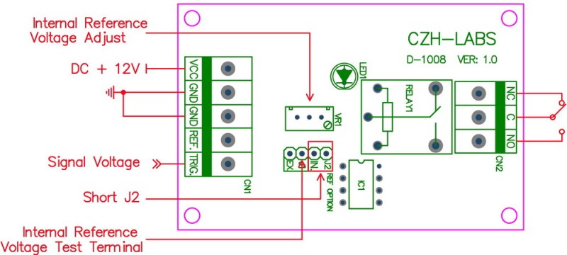 Voltage Comparator Relay Board, DC12V, SPDT 10Amp Relay.