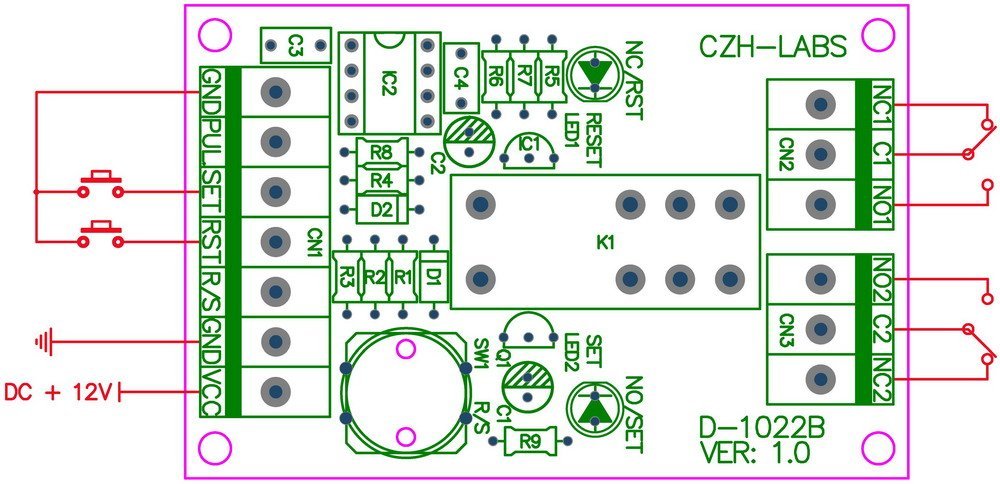 DIN Rail Momentary-Switch/Pulse-Signal Control Latching DPDT Relay Module, 5V.