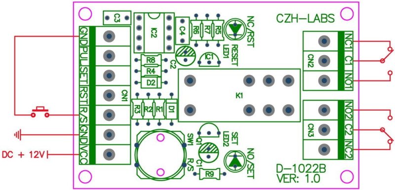 DIN Rail Momentary-Switch/Pulse-Signal Control Latching DPDT Relay Module, 12V.