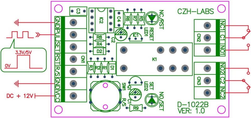 DIN Rail Momentary-Switch/Pulse-Signal Control Latching DPDT Relay Module, 24V.