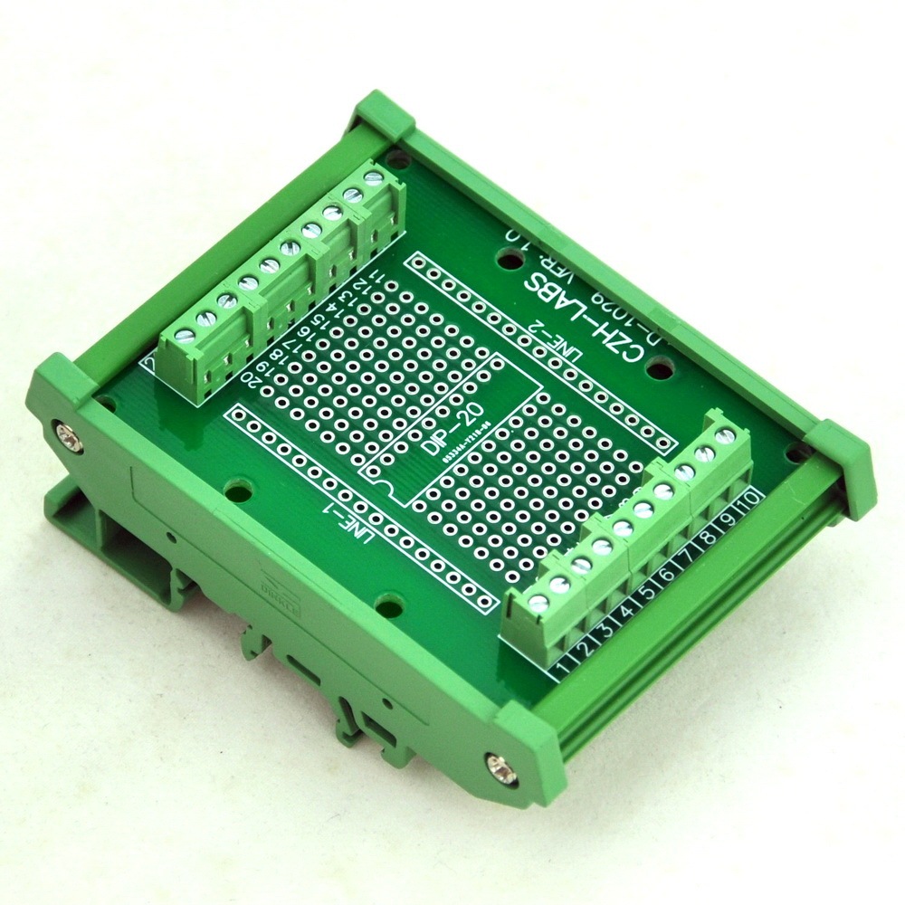 DIP-20 Component to Screw Terminal Adapter Board, w/HQ DIN Rail Mount Carrier.