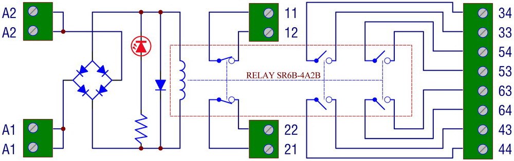 DIN Rail Mount Safety Relay Module, 48V AC/DC, SR6B4048, 4PST-NO DPST-NC.