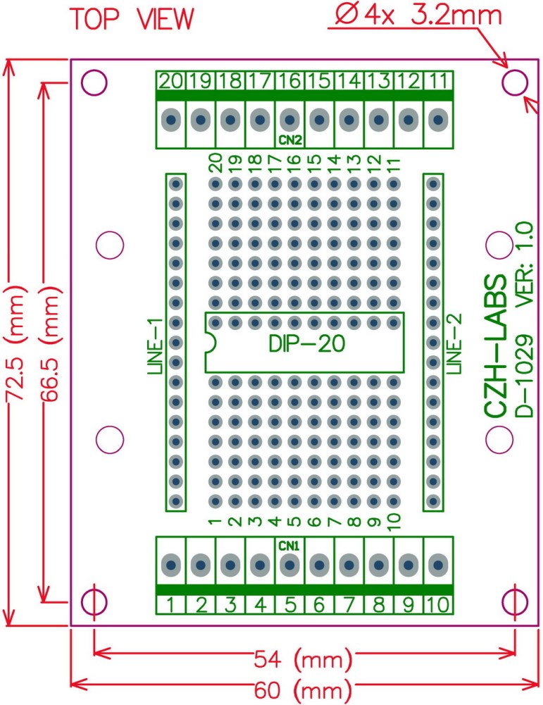 DIP-20 Component to Screw Terminal Adapter PCB, w/Simple DIN Rail Mount Bracket.