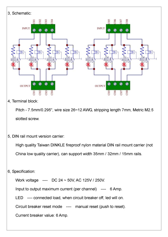 Panel Mount Independent 8 Channels Thermal Circuit Breaker Module.