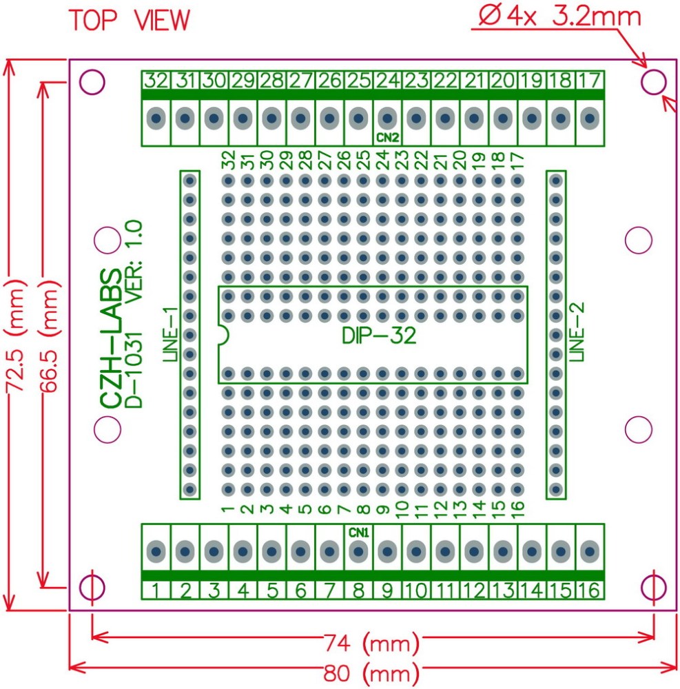 DIP-32 Component to Screw Terminal Adapter Board, w/HQ DIN Rail Mount Carrier.