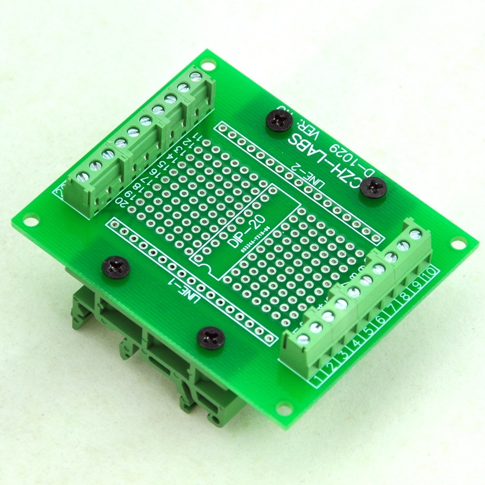 DIP-20 Component to Screw Terminal Adapter PCB, w/Simple DIN Rail Mount Bracket.